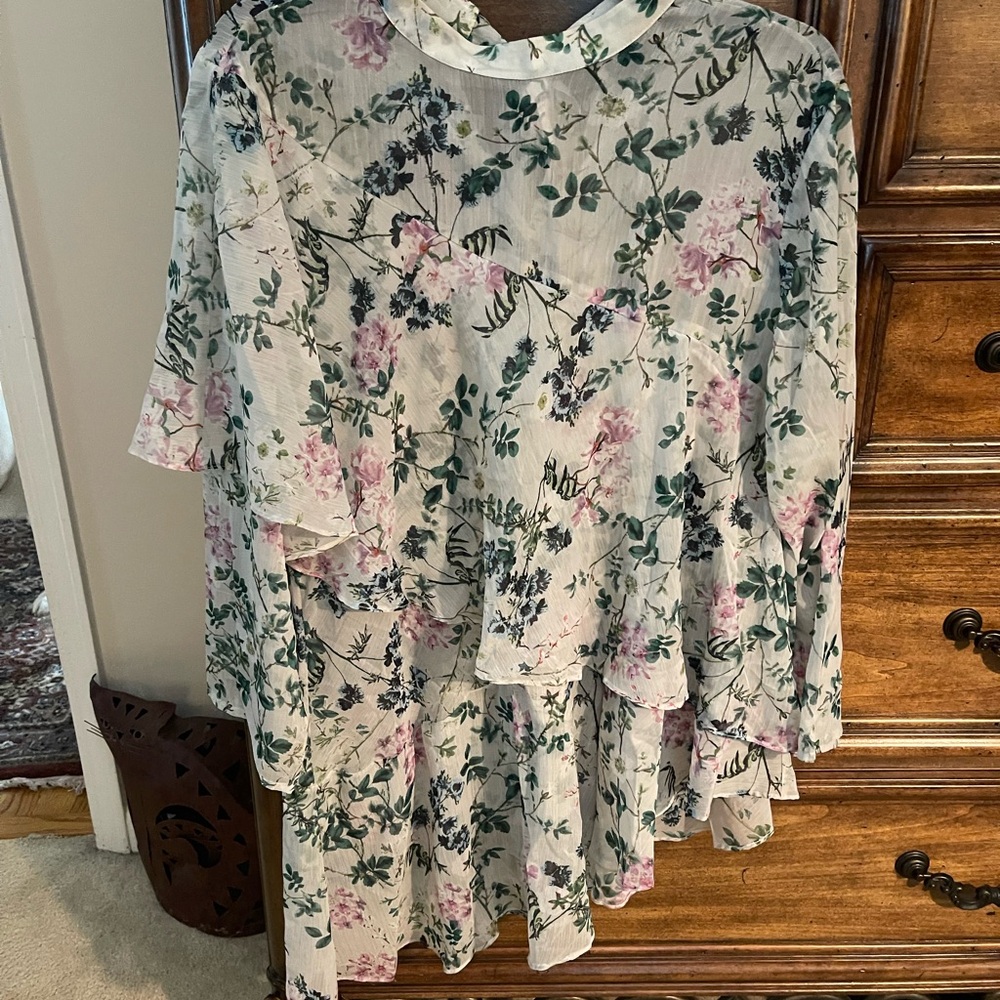 Anthropologie Floral Layered Blouse with Ruffle Sleeves and Asymmetrical Hemline
